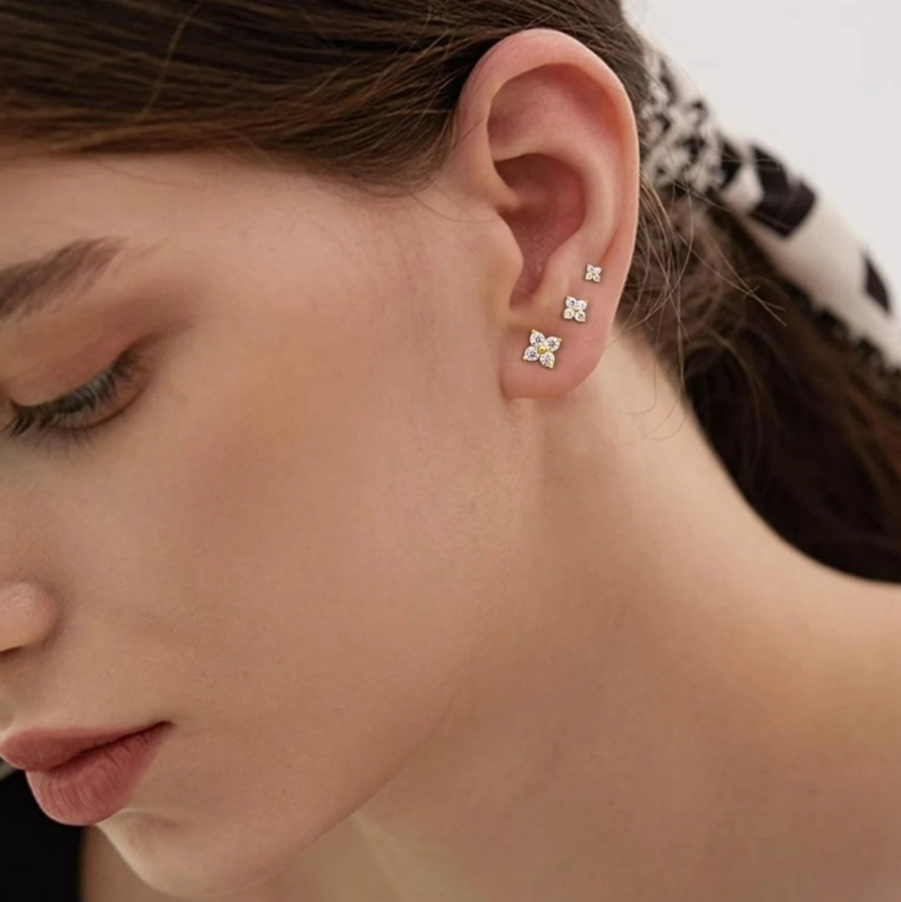 18K Gold Plated Flower Stud Earrings 3 Pairs